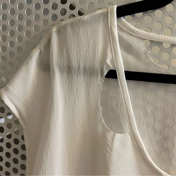Chaser Silk Distressed Dropped Shoulder Rounded Hem Top Size Medium in White - Picture 2 of 8